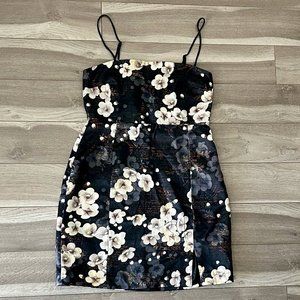 Urban Outfitters Black and Silver Floral Party Mini Dress Size Small (S)